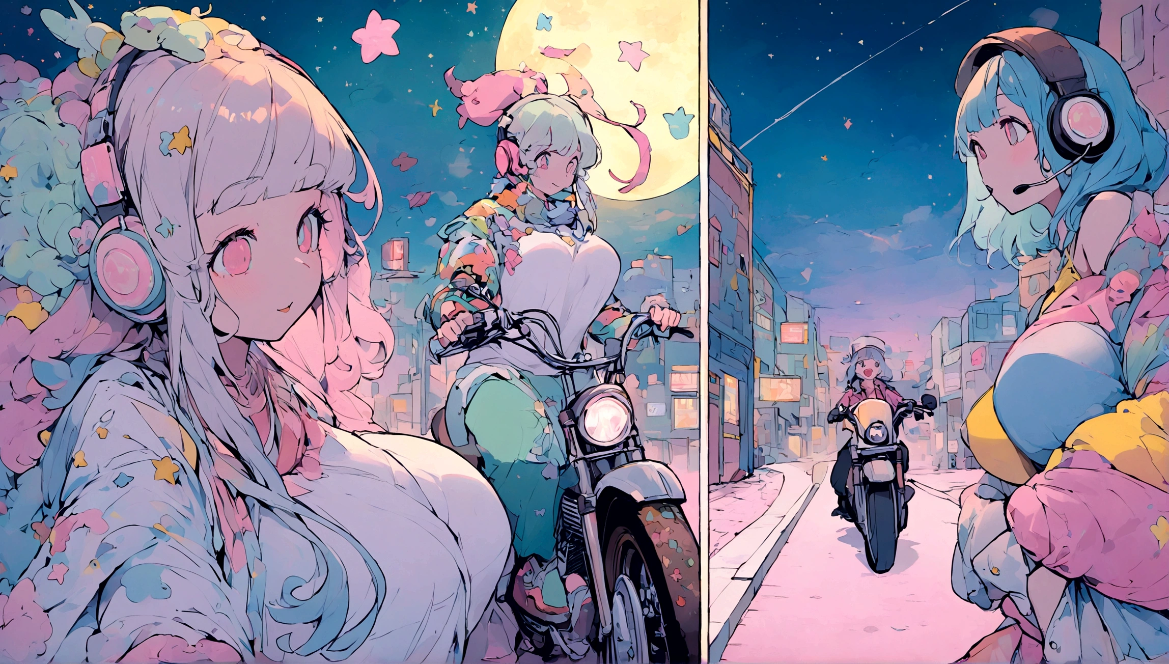 portrait、512、lofi、Girl with headphones 、night、Pastel colors、Painting, lots of stars and moon, super big breast,pank rock,portrait、512、lofi、Girl with bike、City view、Pastel colors、Painting, lots of stars and moon, super big breast,Riding a motorcycle and going for a run.