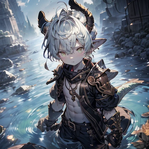 a boy,Ten years old,Shota,Dragon Horn,Silver Hair,Kakuda Sako,tension,gender,hairy,Dragon Orc,naked,Abdominal muscles,Glue, Epic reality, (High Dynamic Range:1.4), (Soft colors:1.4), Implications , Neutral Color, night, Screen Space Refraction, (Intricate details), (Intricate details, Super detailed:1.2), Art Station, lens, vignette, Complex background, architecture,Home,cartoon