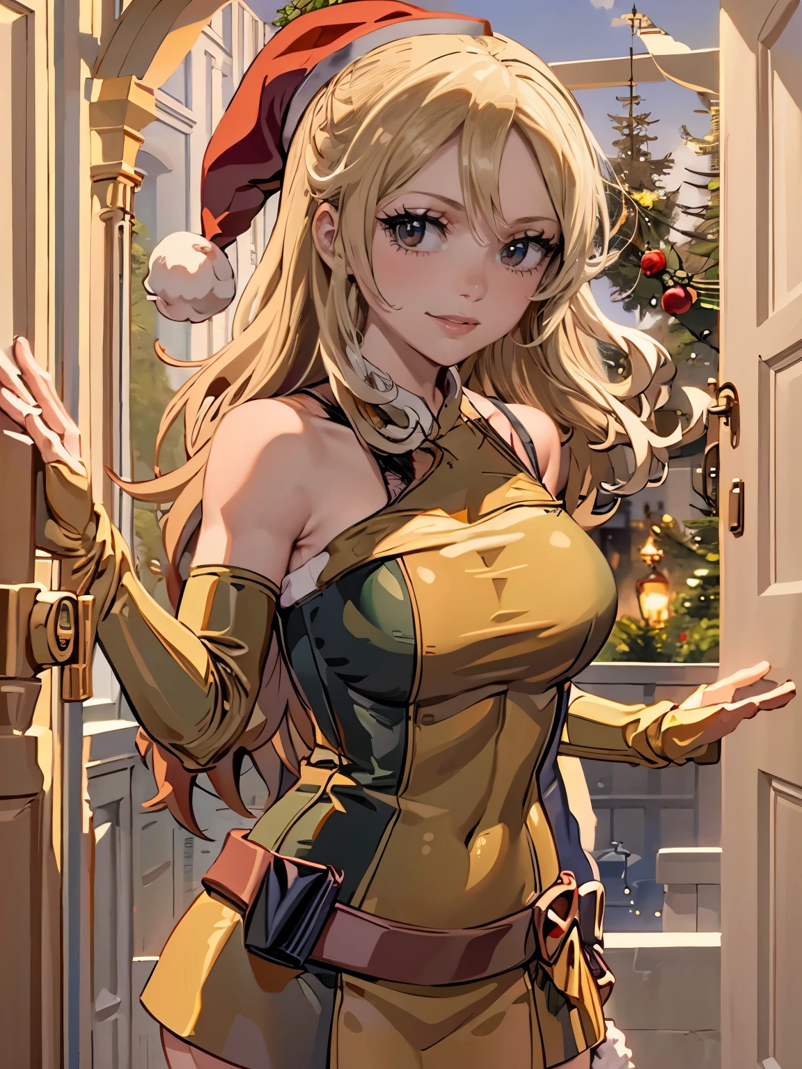 1girl, solo, masterpiece, best quality, high res, highly detailed, (illustration), beautiful detailed eyes, Lucy_Heartfilia, blonde hair, long hair, brown eyes ,glossy lips, makeup, smile, long white satin elbow gloves, cowboy shot, (santa), red santa dress, santa hat, strapless dress