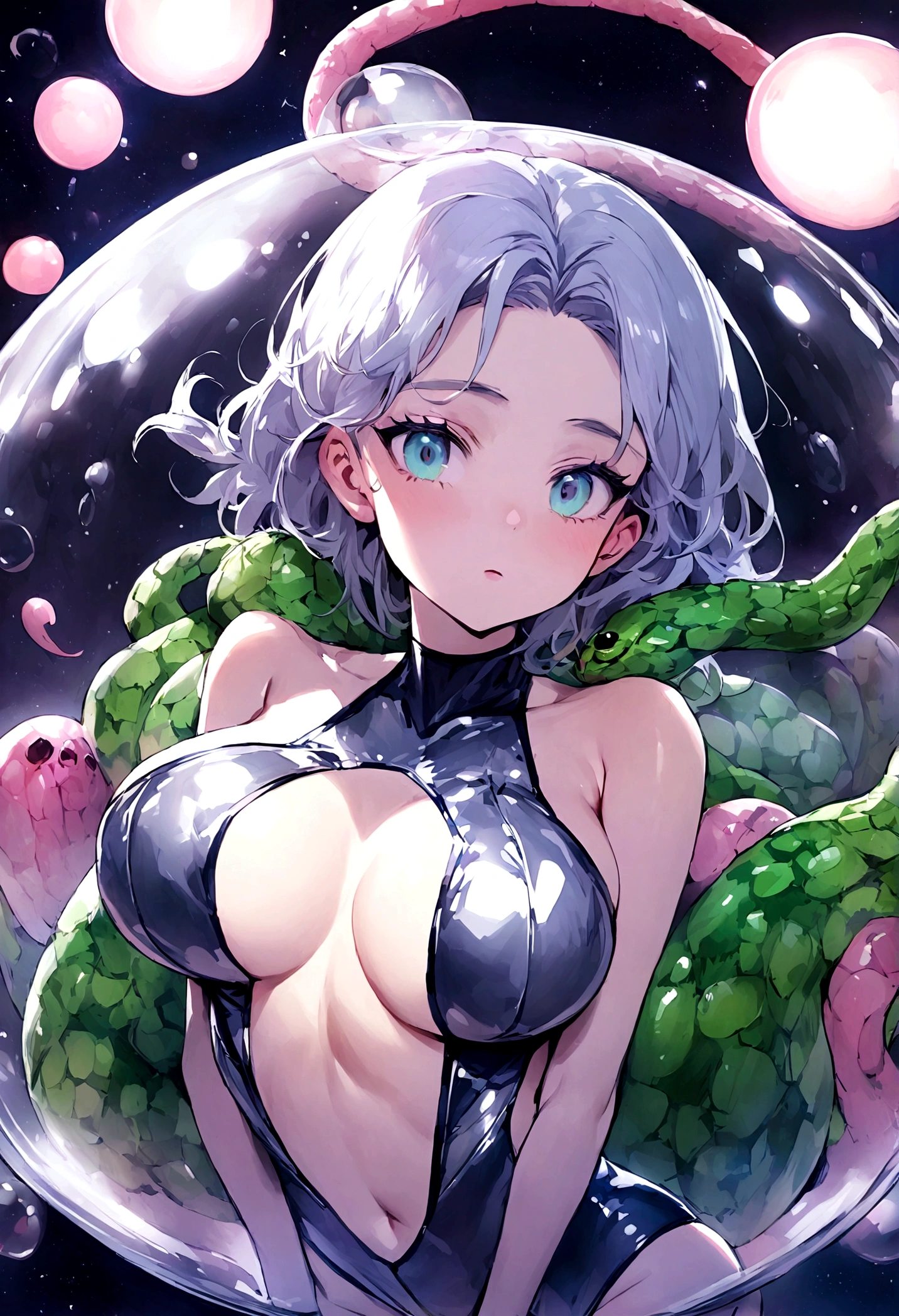 Sydney Sweeney (age current) in an extremely revealing silvery space swimsuit, bubble dome, ray pistol, she is being grabbed by an tentacled alien bug, alien world