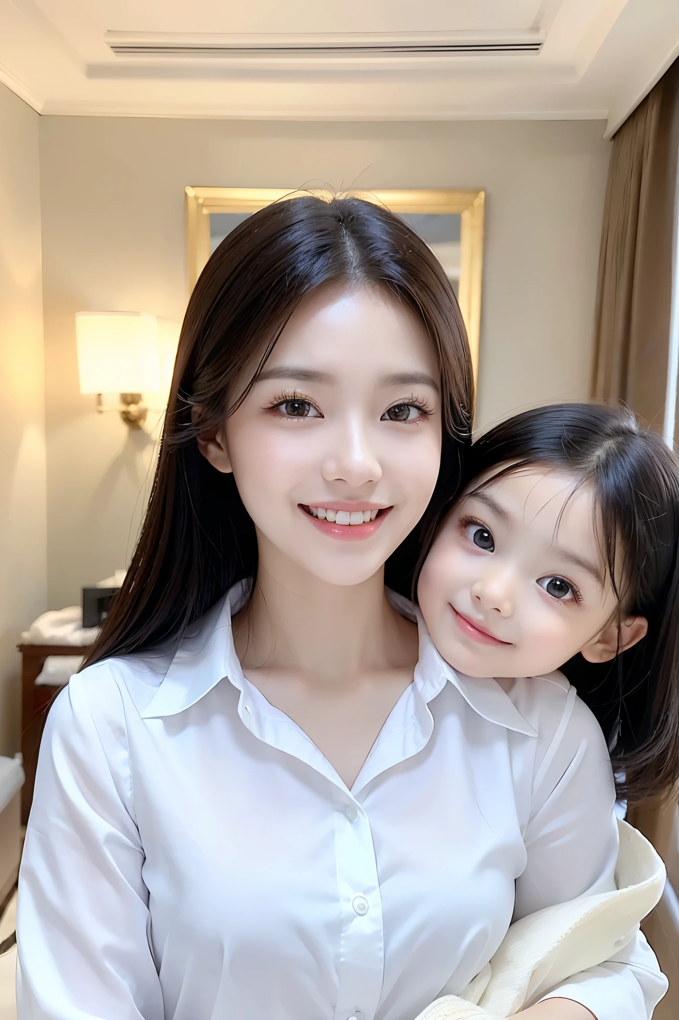 (highest quality、Tabletop、8k、Best image quality、Award-winning works)、(A high school girl holding a 3-year-old child:1.3)、(White polyester shirt:1.2)、Navy Pleated Skirt、(The most natural and perfect three-year-old:1.2)、(The most accurate and detailed 3 year old:1.3)、(Close-up of face:1.15)、Big Breasts、Accentuate your body lines、Ultra HD Hair、Ultra high resolution perfect beautiful teeth、The most beautiful smile looks at me、Ultra-high definition beauty face、Ultra HD Hair、Ultra-high definition sparkling eyes、Shining ultra-high definition white skin、Ultra-high quality glossy lips、(Accurate anatomy:1.4)、(Extremely blurred luxury hotel bedroom background:1.1)、(Strongly blurred background:1.1)、Luxury wall decor、Luxury Interior