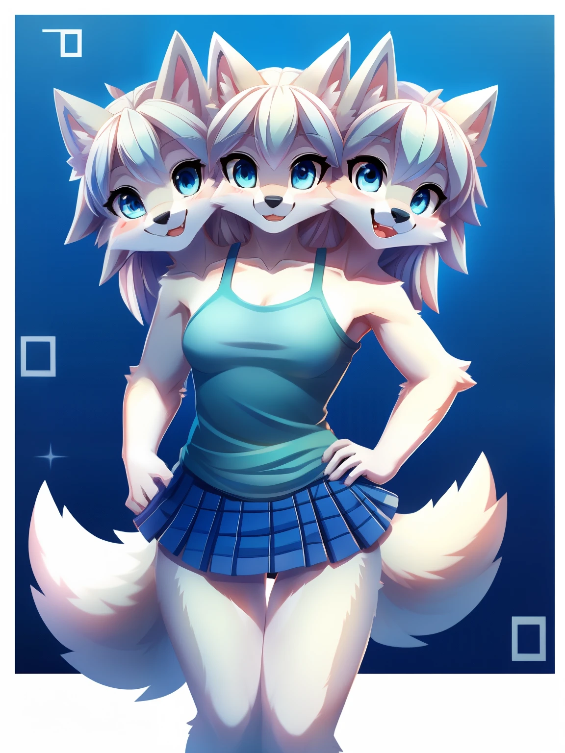 ((masterpiece)), ((Excellent quality)),  alone, (((1girl))), normal size, white body, white fur, wavy white hair, blue eyes, happy expression, female wolf, wolf snout, (female, furry, anthro), medium breasts, medium hip, medium thighs, Wearing, blue top tank shirt, blue skirt, 8k, cute pose, background bedroom detailed, ((perfect anatomy)), ultra-HD, (3heads 1.5),