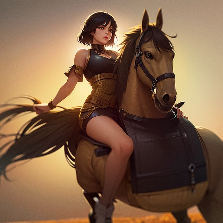 A woman with short, shoulder length hair was riding a golden horse.