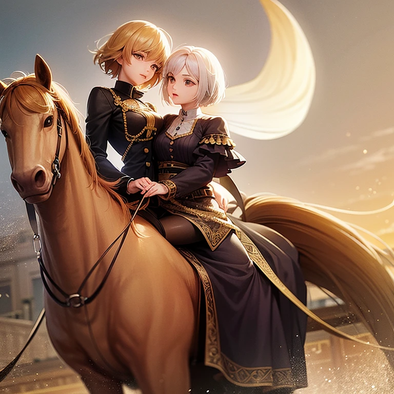 A woman with short, shoulder length hair was riding a golden horse.