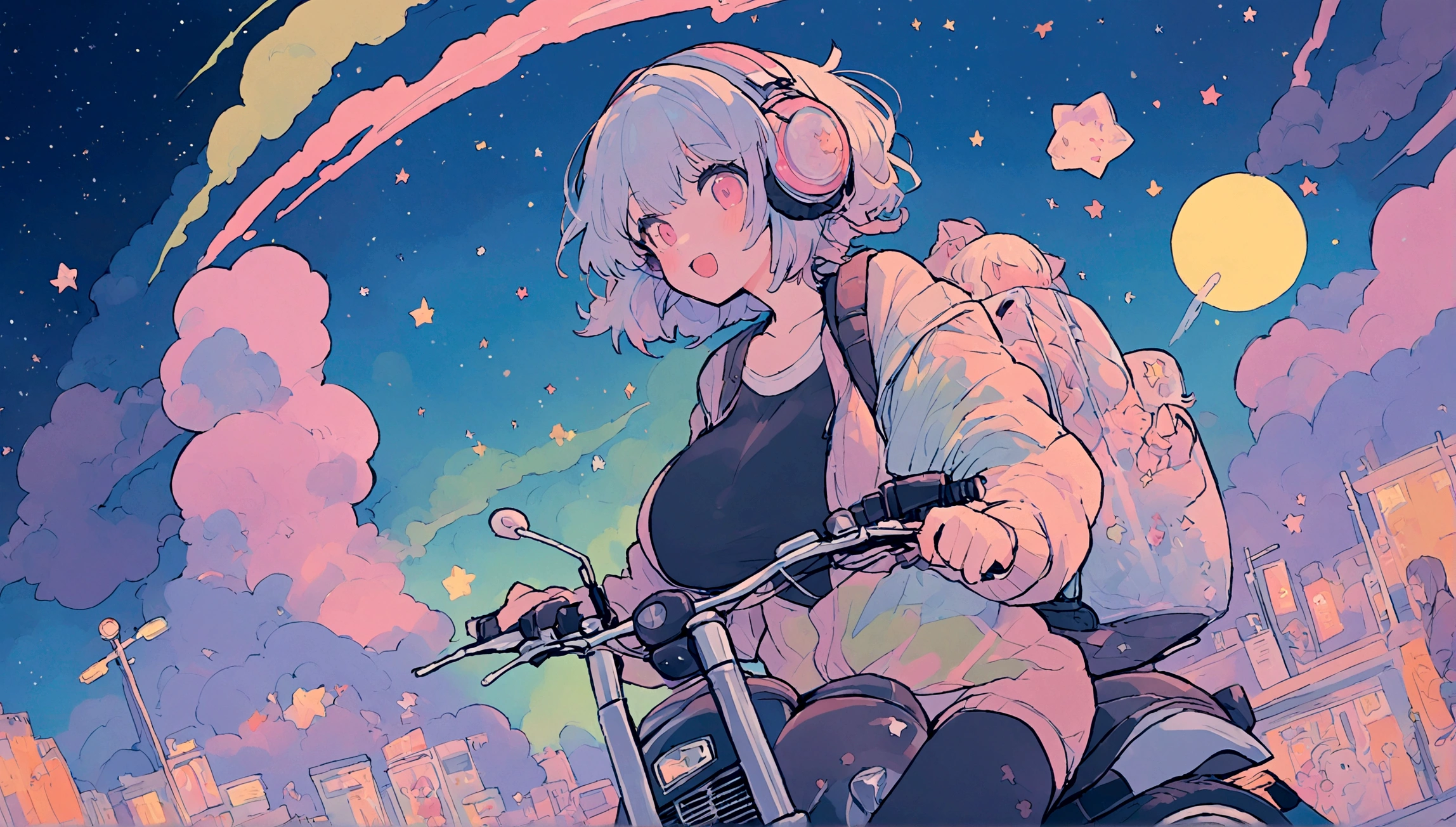 portrait、512、lofi、Girl with headphones 、night、Pastel colors、Painting, lots of stars and moon, super big breast,pank rock,portrait、512、lofi、Girl with bike、City view、Pastel colors、Painting, lots of stars and moon, super big breast,Riding a motorcycle and going for a run.