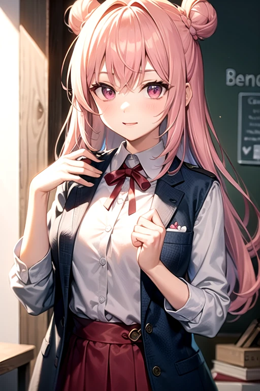 Light pink hair, long bun, cute, pink eyes, 18 years old, white shirt, navy blue jacket, red ribbon, brown vest