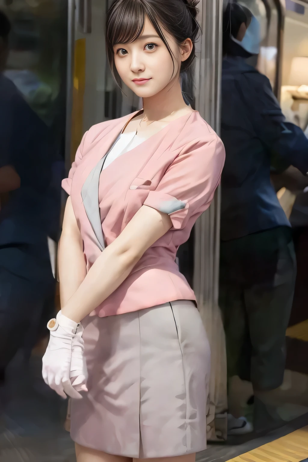 (masterpiece:1.2, highest quality:1.2), 32K HDR, High resolution, (alone、1 girl)、(On the rooftop of a building in the daytime、Professional Lighting)、Building rooftop background、(Nankai train crew uniform pinkを着たリアルスタイル)、(Nankai train crew uniform pink short sleeve collarless pink jacket、Nankai Train Crew Uniform Pink Collarless Short Sleeve Blouse、Nankai Train Crew Uniform Pink Grey Knee-length Culottes)、((The bottom of the pink short-sleeved jacket cannot be tucked into the clay-colored culottes.))、Dark brown hair、(Hair tied up、Hair Bun、Hair Bun)、Dark brown hair、Long Shot、Big Breasts、Thin legs、((Great hands:2.0)),((Harmonious body proportions:1.5)),((Normal limbs:2.0)),((Normal finger:2.0)),((Delicate eyes:2.0)),((Normal eyes:2.0)))、(Nankai Train Crew Uniform Pink Grey Knee-length Culottesを見せた美しい立ち姿)、smile