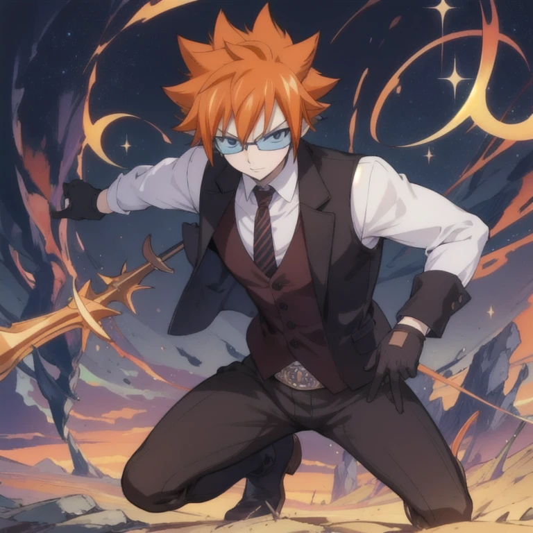 masterpiece, best quality, , 1boy, solo, male focus, looking at viewer, full body, , ligne claire, , loki_fairy_tail, orange hair, black eyes, leather gloves, spiked hair, waistcoat, fairy_tail,