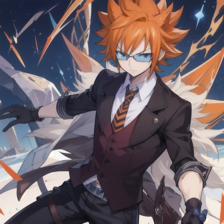 masterpiece, best quality, , 1boy, solo, male focus, looking at viewer, full body, , ligne claire, , loki_fairy_tail, orange hair, black eyes, leather gloves, spiked hair, waistcoat, fairy_tail,