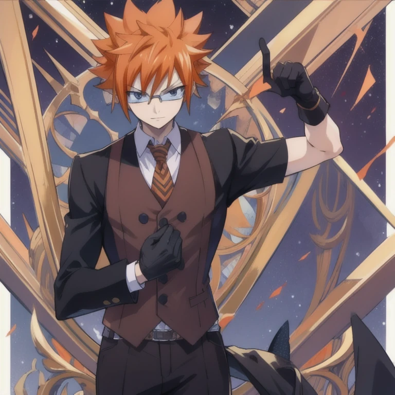 masterpiece, best quality, , 1boy, solo, male focus, looking at viewer, full body, , ligne claire, , loki_fairy_tail, orange hair, black eyes, leather gloves, spiked hair, waistcoat, fairy_tail,