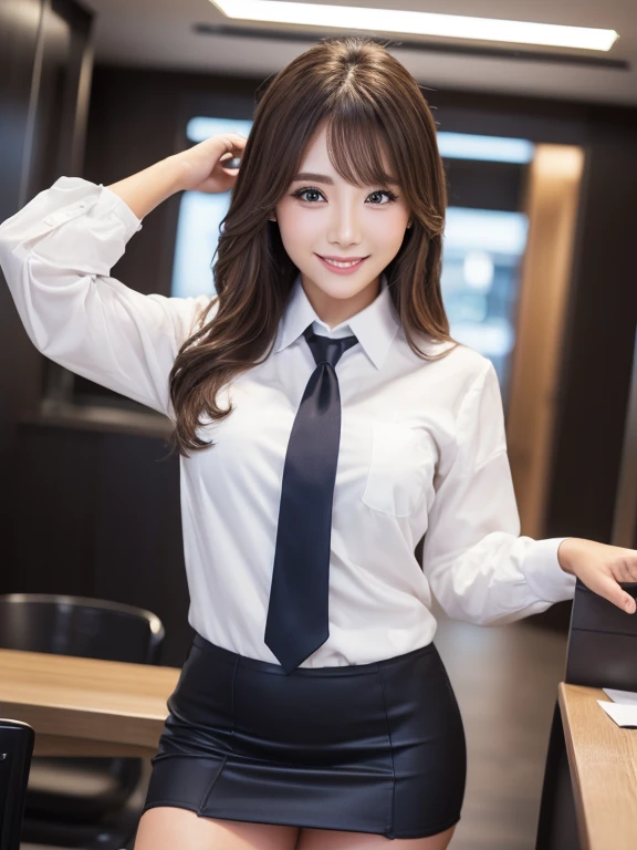 (1 Female), beautiful, Great face and eyes, compensate, (Very detailedbeautiful顔), 誘惑的なsmile, (highest quality:1.4), (Super detailed), (Very detailed CG 統合 8k 壁紙), Very detailed, RAW Photos, Professional photography, (suit, mini skirt:1.2), (A business shirt with a wide open chest), (Spread your legs), (View from below:1.2)、1girl、smile、