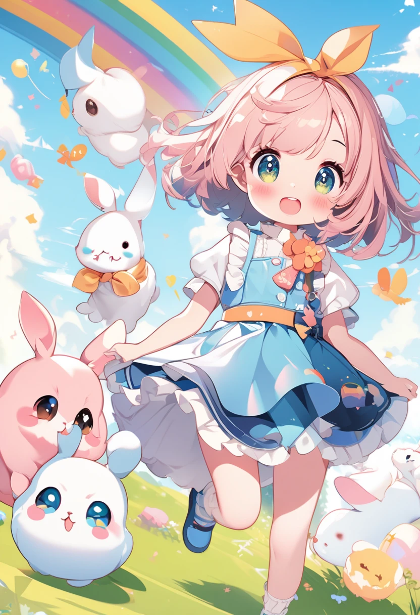Pop and cute digital art,A cute girl is chasing a rabbit .