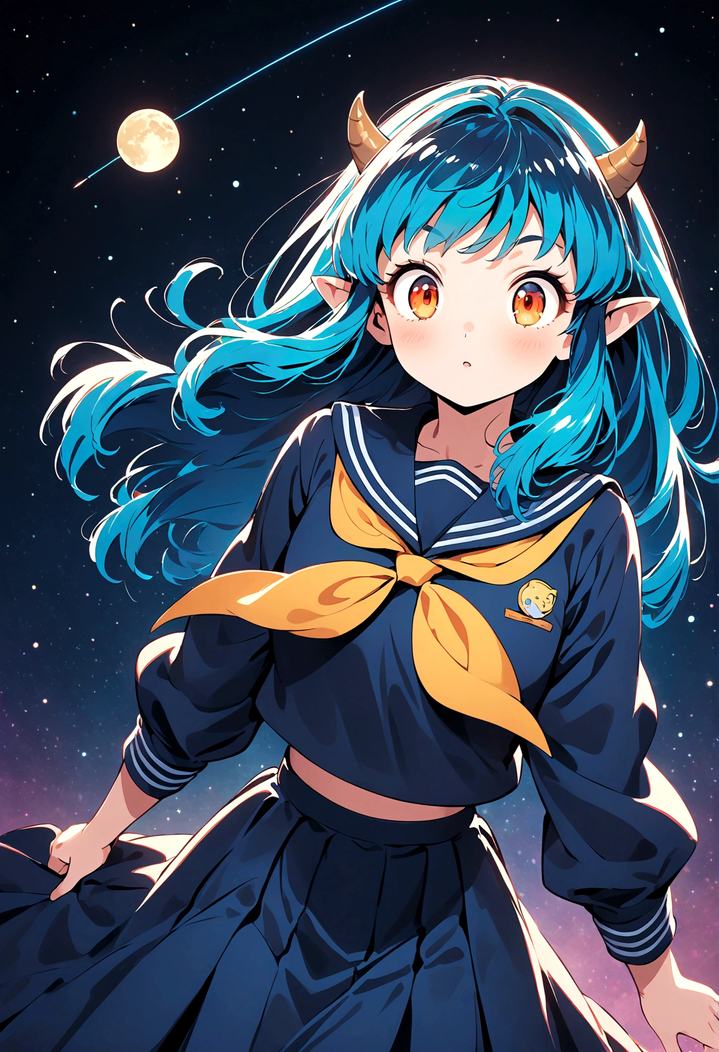 takahashi rumiko style,(1 girl,Lum,long hair,bangs,blue hair,orange eyes,horns,pointy ears,aqua hair,oni horns,(eyeshadow),(shirt,long sleeves,sailor suit,sailor collar,neckerchief,yellow neckerchief,blue shirt,blue sailor collar,blue skirt),the character Lum from "Urusei Yatsura",Bright and cheerful atmosphere,Background elements such as space or a starry sky,(masterpiece:1.3),(highest quality:1.4),(ultra detailed:1.5),High resolution,extremely detailed,unity 8k wallpaper,BREAK,Create a POP illustration style background,Outer space with the moon and stars floating in it,rich colors,colorful,shooting star,draw with thick lines,Sparkling,vector art,(masterpiece:1.3),(highest quality:1.4),(ultra detailed:1.5),High resolution,extremely detailed,unity 8k wallpaper