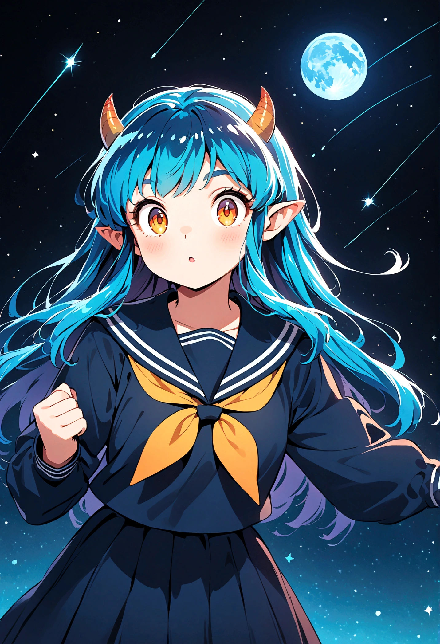 takahashi rumiko style,(1 girl,Lum,long hair,bangs,blue hair,orange eyes,horns,pointy ears,aqua hair,oni horns,(eyeshadow),(shirt,long sleeves,sailor suit,sailor collar,neckerchief,yellow neckerchief,blue shirt,blue sailor collar,blue skirt),the character Lum from "Urusei Yatsura",Bright and cheerful atmosphere,Background elements such as space or a starry sky,(masterpiece:1.3),(highest quality:1.4),(ultra detailed:1.5),High resolution,extremely detailed,unity 8k wallpaper,BREAK,Create a POP illustration style background,Outer space with the moon and stars floating in it,rich colors,colorful,shooting star,draw with thick lines,Sparkling,vector art,(masterpiece:1.3),(highest quality:1.4),(ultra detailed:1.5),High resolution,extremely detailed,unity 8k wallpaper