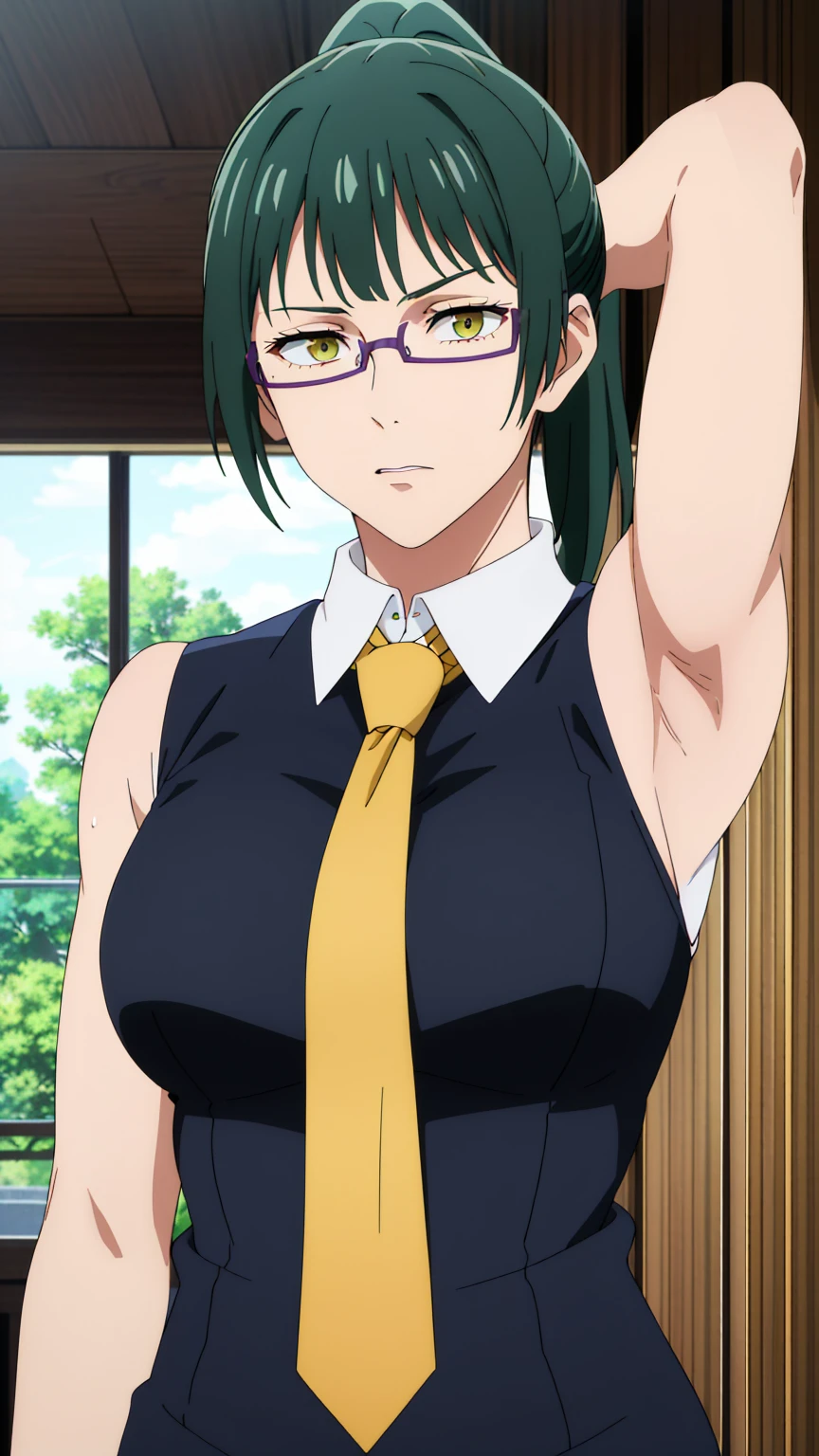 (best quality:1.5, highres, UHD, 4K, detailed eyes, detailed lighting, detailed hair, shaders), dark green hair, ponytail, bangs,cool woman, cool girl, sharp eyes, yellow eyes, beautiful, large breasts, formal suit, sleeveless, necktie, glasses, armpits, detailed armpits