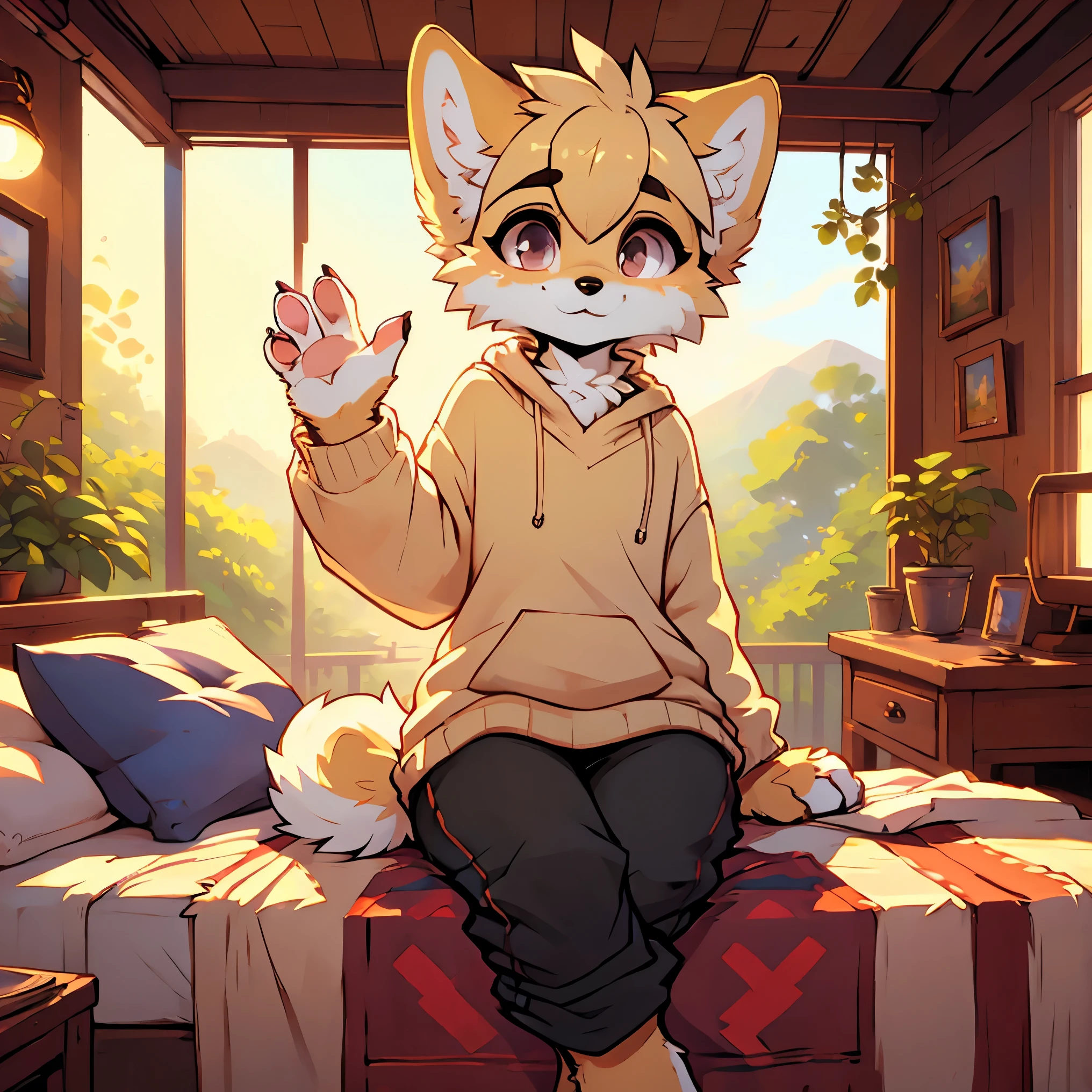 fluff-kevlar, by Zackary911, by Kenket, by Kilinah, by fluff-kevlar, (masterpiece), top-quality，best qualityer, ((best quality)), ((masterpiece)), (detailed), digital art, (golden retriver style), ((kemono)), ((furry)), ((female)), (()), ((sitting)), ((centered)), ((waving)), ((shy)), ((baggy white sweater)), ((skinny)), ((small butt)), ((on a bed)), ((SFW)), ((fluffy)), adorable, warm smile, (feminine), ((golden retriever body)), ((small chest))
