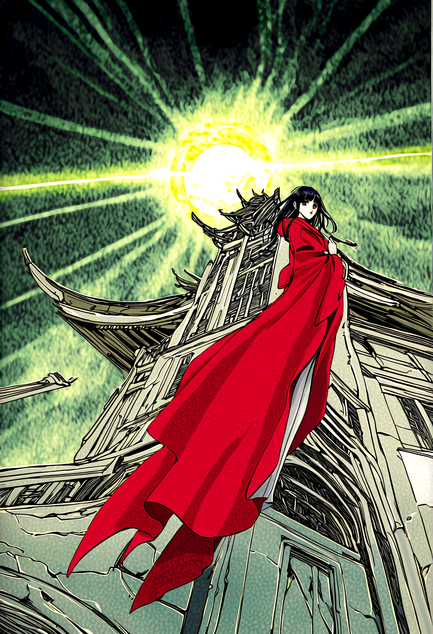 Beautiful girl in red robe, Chinese underground temple, Complex and detailed architecture, floating in the air, weird lights, Spacious and gloomy atmosphere, (best quality,4k,8K,High resolution,masterpiece:1.2),Extremely detailed,(Practical,photoPractical,photo-Practical:1.37),Complex buildings, Gorgeous details, Dramatic Lighting, moody atmosphere, Stunning beauty, flowing red robe, Mysterious ruins, unforgettable existence