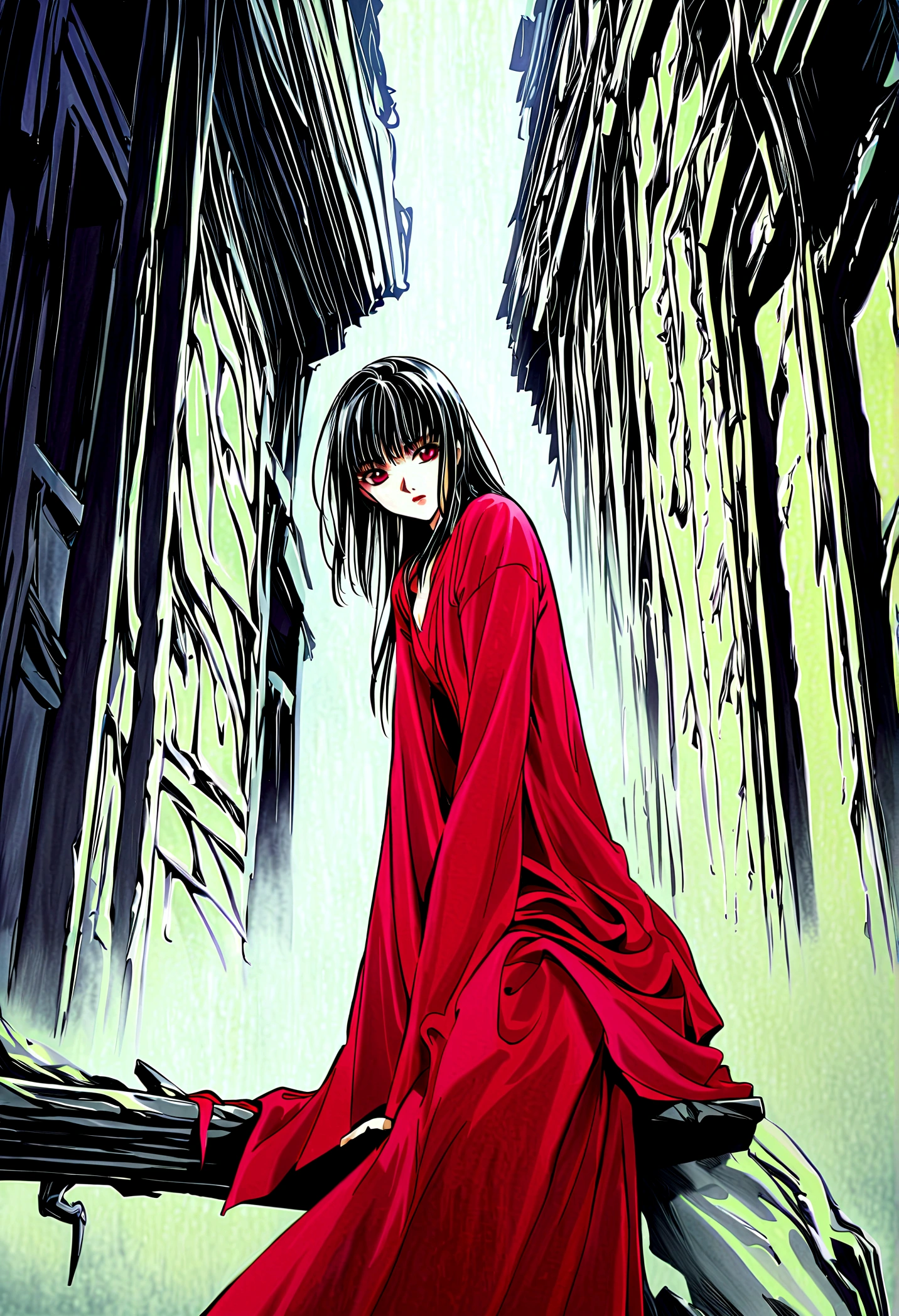 Beautiful girl in red robe, Chinese underground temple, Complex and detailed architecture, floating in the air, weird lights, Spacious and gloomy atmosphere, (best quality,4k,8K,High resolution,masterpiece:1.2),Extremely detailed,(Practical,photoPractical,photo-Practical:1.37),Complex buildings, Gorgeous details, Dramatic Lighting, moody atmosphere, Stunning beauty, flowing red robe, Mysterious ruins, unforgettable existence