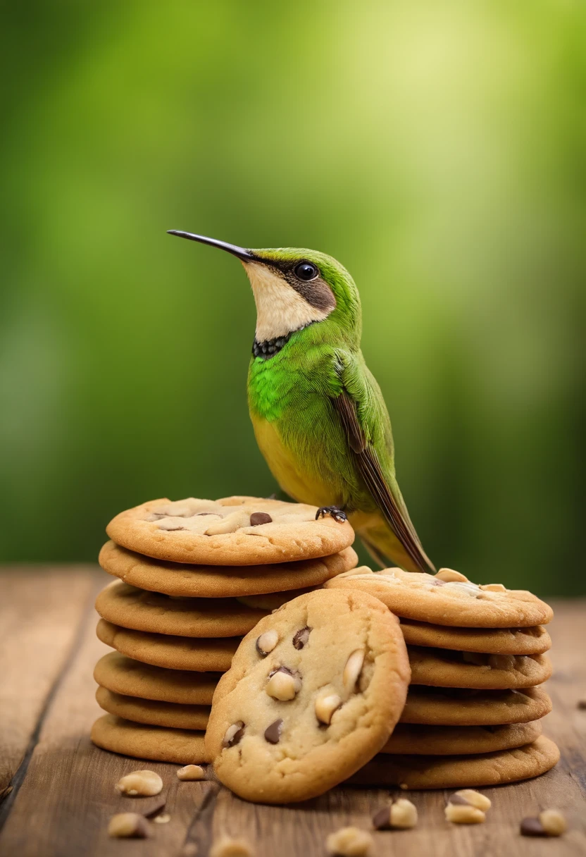 Biscoitos Cookies com gotas de chocolate (doce de leite), realista, ao fundo um beija flor(colibri)(green bird), (bird beija flor, green bird), cookies a frente (fundo um beija flor(colibri verde), bird, 4k, high resolution, biscoitos cookies, scenario (beija flor ao fundo, natureza), realista, Photo by the best photographer in the world, zoom. Grade, rustic cookies, cookies gotas de chocolate, nozes