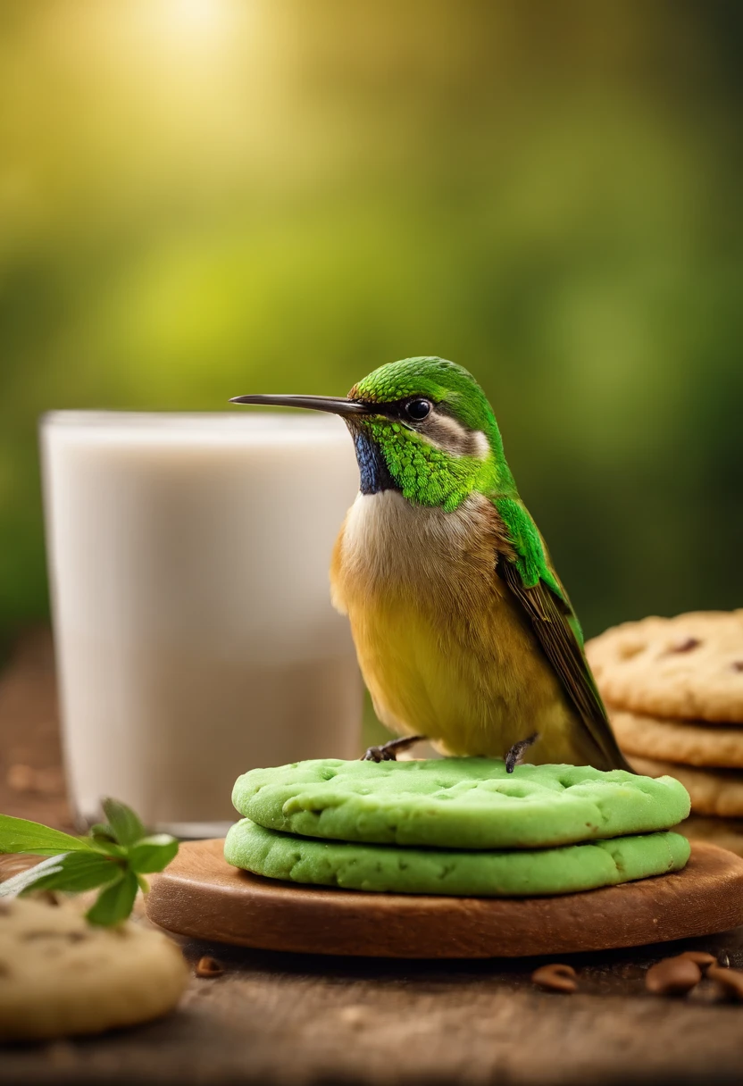 Biscoitos Cookies com gotas de chocolate (doce de leite), realista, ao fundo um beija flor(colibri)(green bird), (bird beija flor, green bird), cookies a frente (fundo um beija flor(colibri verde), bird, 4k, high resolution, biscoitos cookies, scenario (beija flor ao fundo, natureza), realista, Photo by the best photographer in the world, zoom. Grade, rustic cookies, cookies gotas de chocolate, nozes 