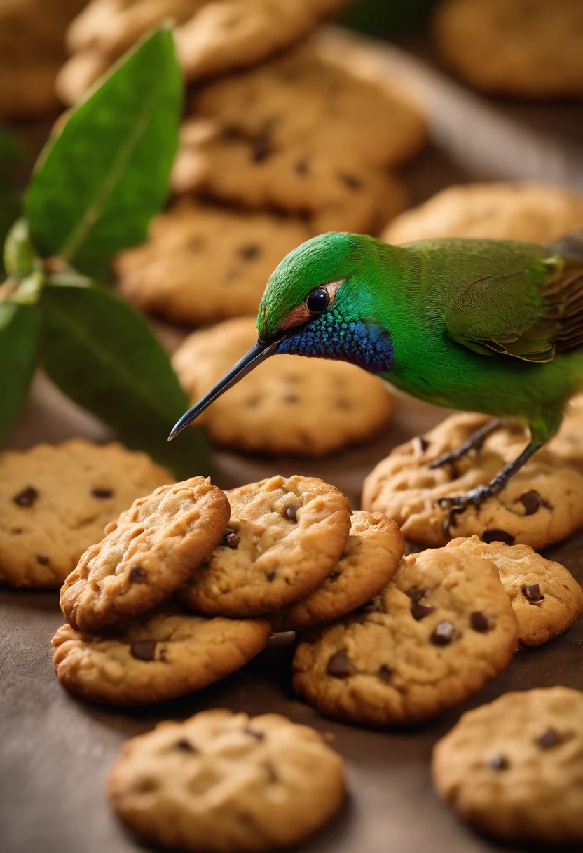 Biscoitos Cookies com gotas de chocolate (doce de leite), realista, ao fundo um beija flor(colibri)(green bird), (bird beija flor, green bird), cookies a frente (fundo um beija flor(colibri verde), bird, 4k, high resolution, biscoitos cookies, scenario (beija flor ao fundo, natureza), realista, Photo by the best photographer in the world, zoom. Grade, rustic cookies, cookies gotas de chocolate, nozes 