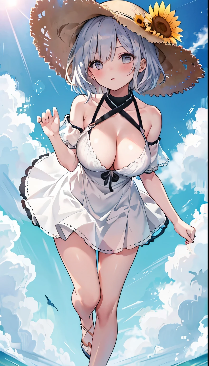 One Girl、Silver Hair、、positive、Standing posture、Full body portrait、Medium Haircut、blush、Absolute area、No panties、No bra、barefoot、White dress、Off-the-shoulder dress、(Very large breasts)、Cleavage、((Lesbians around the world))、masterpiece、(highest quality)、barefoot、((White high heels))、Bare your breasts、sunflower、Outdoor、Very short skirt、Thighs、Straw hat、((Exposing the breasts))、((Bare your breasts))、((Showing nipples))