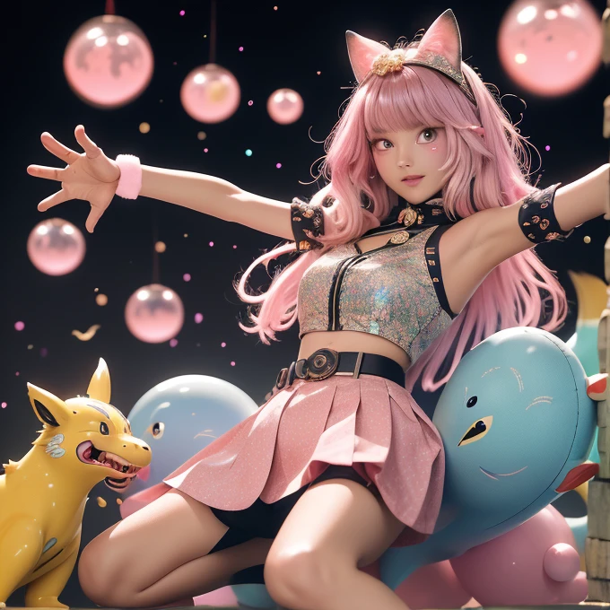 Group image of a group of Asian women posing for a photo，The upper part of the body、one girls、i have silver hair color、Two-tone、(Pink Highlight Hair、Curly hair，floral headband、very Bigger breasts、Sorcerer、whore、idol、garterbelts、off shoulders、Dancing、Jumping、Has a shining wand、Countless glowing spheres float、Glowing soap bubbles、cgstation ，ulzzang，（color），Multi-colored clothes, Popular on bbwchan, Yan Juncheng, Girls' Generation, Pink complexion（（（Many female dancers）））動物illustration，mixed species，different kinds of animals，various species，diverse animals，digimon evolution，ultimate evolution，Perfect body，ultimate body，horse，Anthropomorphic，digimon evolution，ultimate evolution，Perfect body，ultimate body，UFO，有是horse，Anthropomorphic，best quality，Super detailed，Realistic，（真實Art，概念Art：1.2），humor，天horse行空的imagination，quirky style，Cartoon creatures，Crazy combination，chaotic scene，，creativity，Art，mixed species啟發，Pokemon style，Love to play、whimsical、Colorful、Playful、imagination、Mysterious atmosphere、Cute characters、unique design、（（fictional animals））、eye-catching、Attention to detail、Colorful、expressiveness、Entertainment、Unconventional、Stimulate、various kinds，animal diversity，harmonious relationship，peaceful coexistence，animal world，Art表現，Beautifully illustrated creatures，（（Amazing fusion）），hybrid animals，Unusual biological pairings，（（口袋妖怪Art風格）），數碼寶貝關鍵Art，杉森健Art，Maki Haku，位圖Art，釋放imagination，charming depiction，Case，Interesting visual storytelling，Rich creativity，Wonderful composition，自然的Art靈感，迷人的Art作品，Rich narrative，whimsical的故事，Playful的詮釋，富有imagination的設置，獨特的Art表達，Lively and dynamic，images full of energy，stunning details，精心製作的Art品極品，masterpiece，illustration，Set theme（Mecha，mechanical），Fluffy tail，mechanical腿，（fluorescent色：1.5），（Laser purple light：1.1），Foxfire，fluorescent