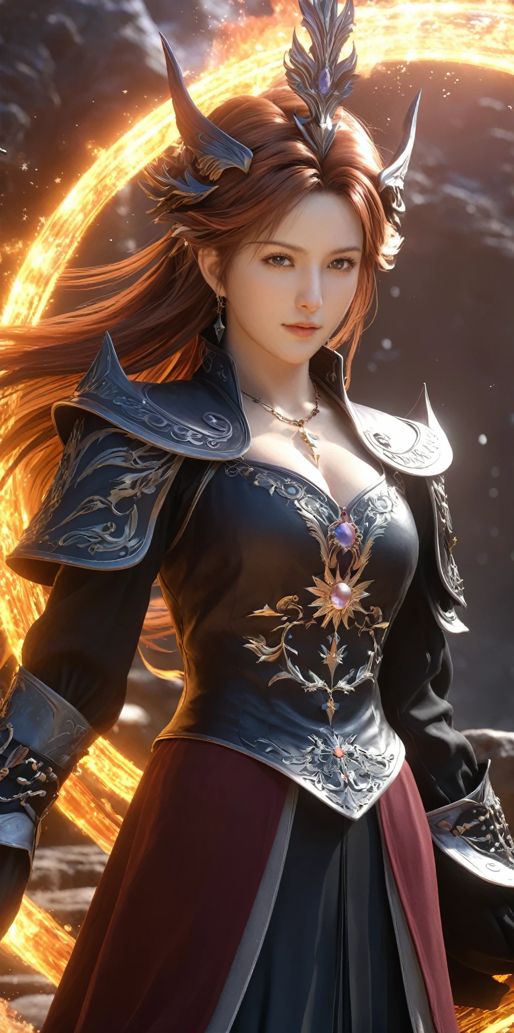 (8k, highest quality, masterpiece, final fantasy style: 1.2), (Realistic, photoRealistic: 1.37), Super detailed, One Girl, {black mage imbued with light}, Wide viewing angles, huge firm bouncing bust, Very delicate depiction, Miniature painting, Detailed depiction of the face, Detailed depiction of hair, Accurate skeleton, Dress with intricate patterns, Complicated armor, long thick sword,dream-like,Ultra-realistic mixed fantasy world,A mix of realistic and fantastical elements,Magical Effects,(Magic circle on the ground, Casting a Spell, Swirling Magic, Light particles),Dynamic Light,red,fire, red fire eyes,elegant,Rays of Sin,dark,(dark magic), (strict), The battle between good and evil, (Swirling Flames:1),universe, lightning, eruption, magic circle, Complex patterns, (call Phoenix:1.4), (huge mother crystal, huge flame:1.2)