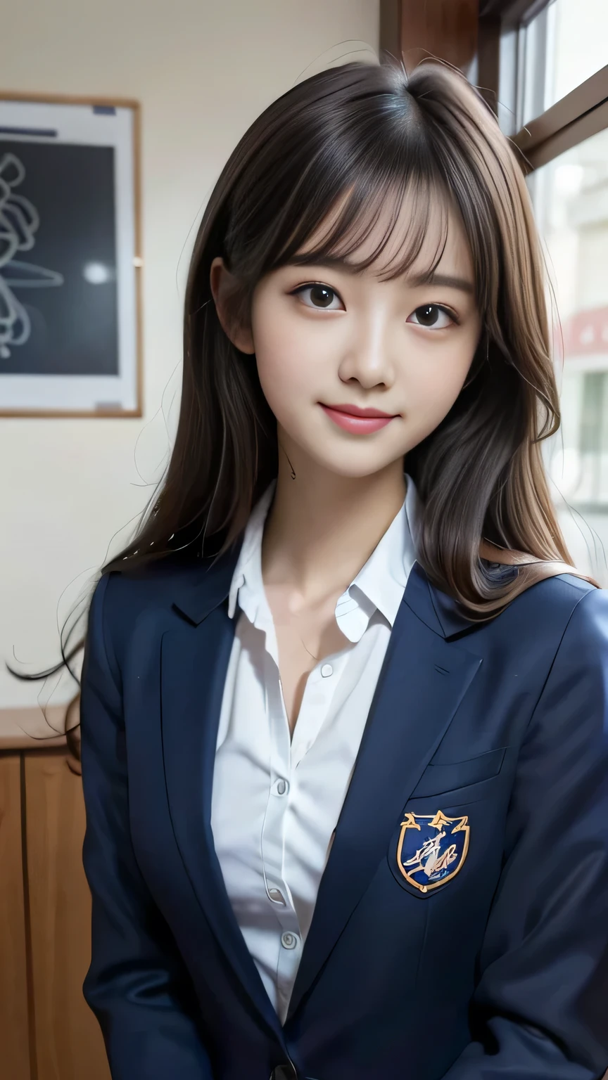 Masterpiece、Best Quality、Illustration、 Super detailed、Fine details、 High resolution、8K Denden Wallpaper、Perfect dynamic composition、17 year old beautiful girl、A neat and clean high school girl、Detailed beautiful face、Detailed beautiful eyes、Textured skin、A shy smile、Small breasts、Bold sexy pose、Navy blue school blazer uniform、