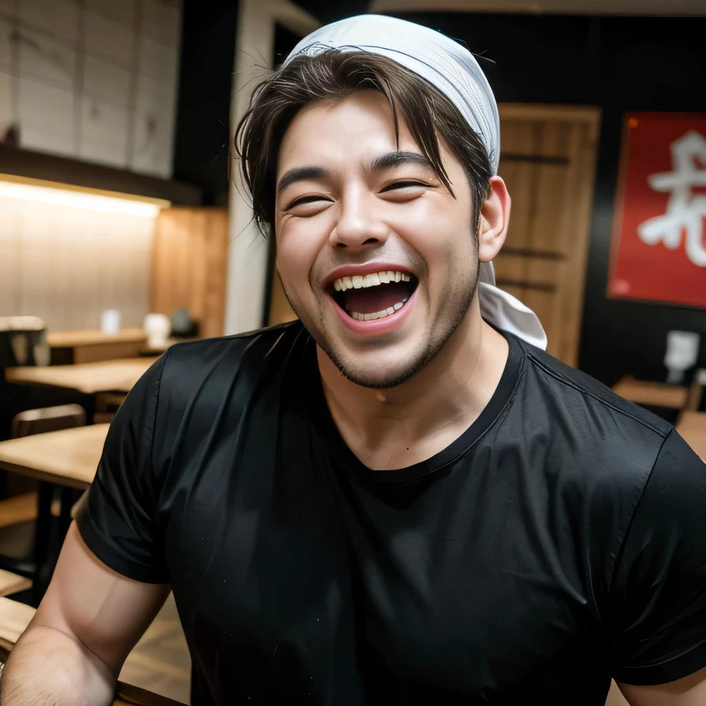 8K, ultra detailed, (realistic:1.2), masterpiece, 40yo, A man wearing a black T-shirt and a white bandana on his head, (laugh:1.6), (fat, muscular:1.0), Ramen restaurant kitchen, standing