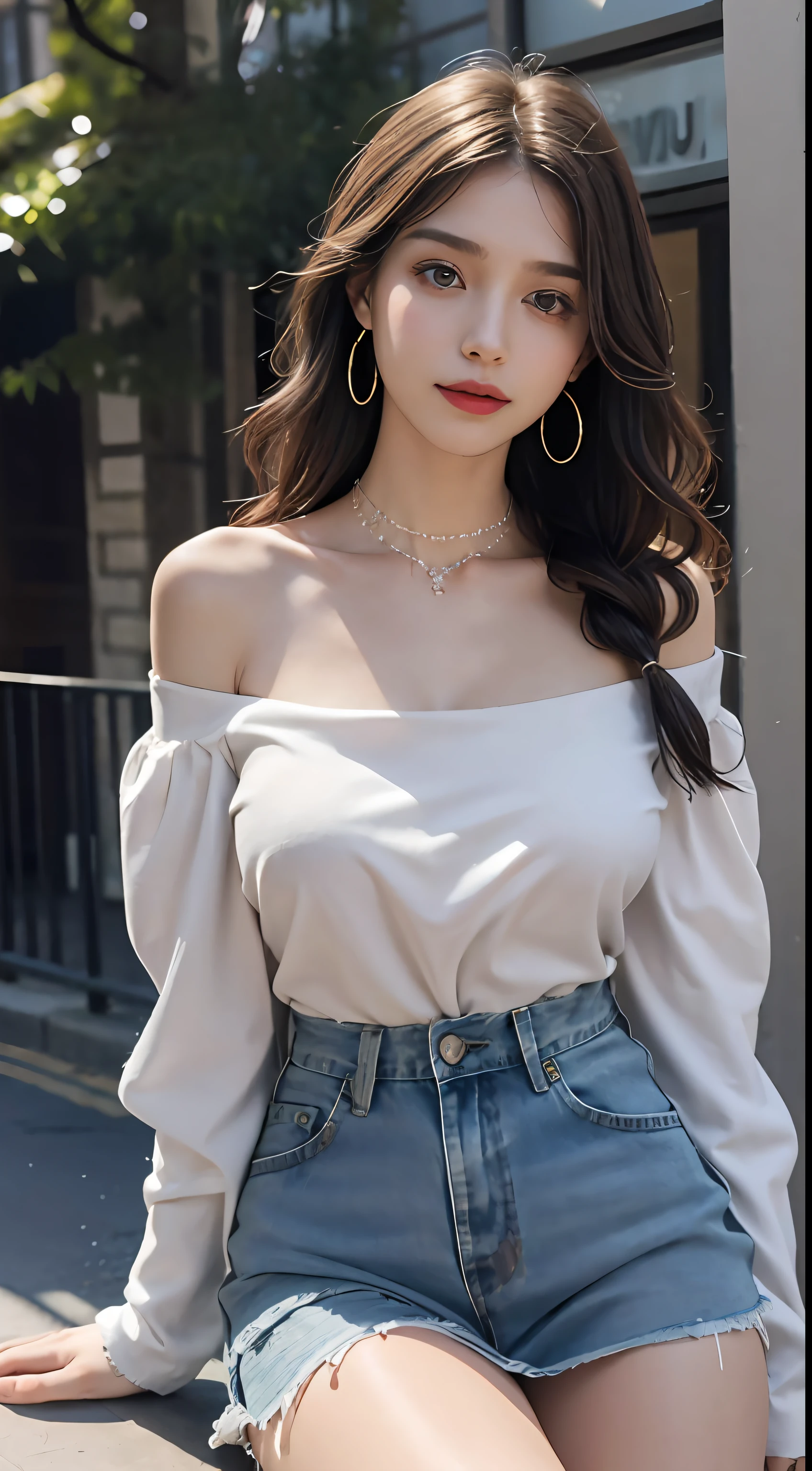 ((jon,the hair)), Stand up, (An extremely delicate and beautiful work), (tmasterpiece), 1girll, Delicate shoulder top,Delicate jeans,beautifullegs, highly detailed, long whitr hair,full bodyesbian, Enchanted smile, beautiful and clear eyes, delicatenecklace, Delicate earrings, Extreme detail description, big breasts beautiful,s delicate face, fine collar bone,lovely lips, Behind the softness, mix4,(8K, RAW photos, best qualtiy, tmasterpiece:1.2), (realisticlying, photograph realistic:1.4), 1girll, adolable, the street,physically-based renderingt, full bodyesbian,school uniform