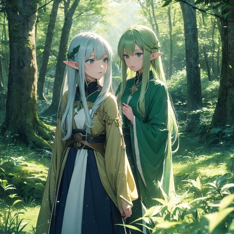 (8k, super details, award winning, high res), anime illustration, two elf girls. One with (long silver hair, green eyes). The other with (short golden hair, blue eyes), in a green tunic. Set in a magical forest with glowing flowers and ancient trees.