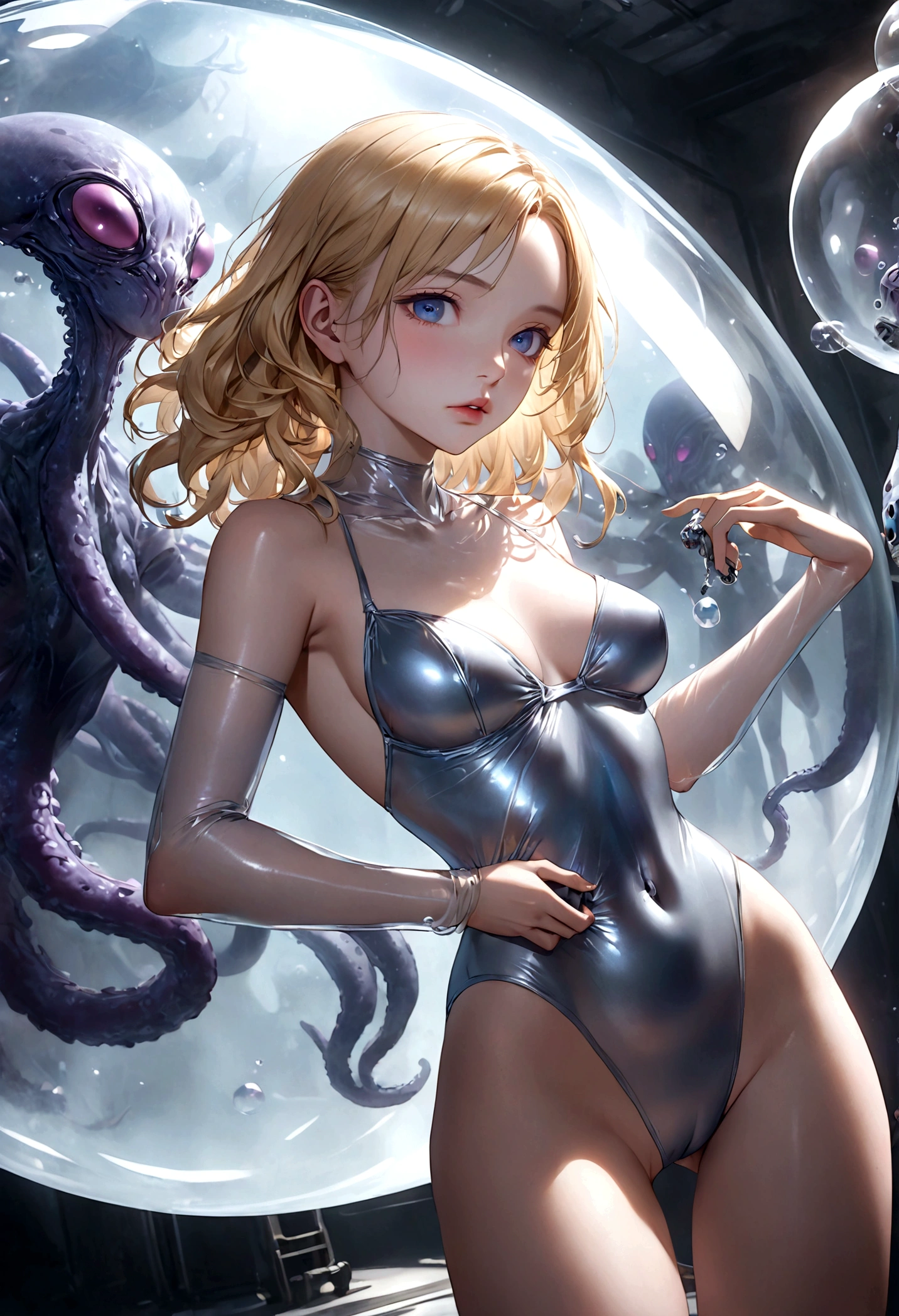 a young woman with blonde hair, beautiful detailed eyes, beautiful detailed lips, extremely detailed face, long eyelashes, wearing a revealing silvery space swimsuit, in a bubble dome on an alien world, being grabbed by a tentacled alien bug, ray pistol in hand, hyperrealistic, 8k, photorealistic, studio lighting, physically-based rendering, extreme detail description, vibrant colors, dramatic lighting, cinematic composition, concept art style