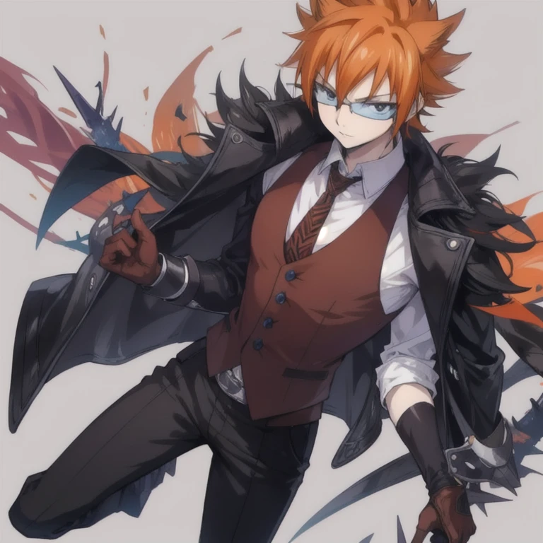 masterpiece, best quality, , 1boy, solo, male focus, looking at viewer, full body, , ligne claire, , loki_fairy_tail, orange hair, black eyes, leather gloves, spiked hair, waistcoat, fairy_tail,