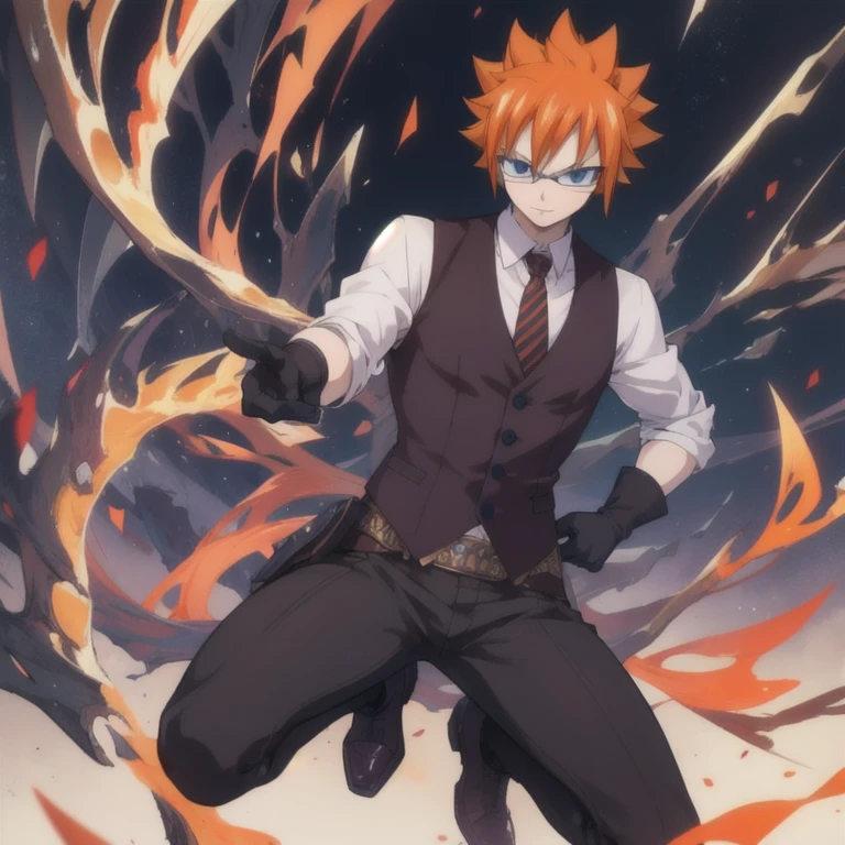 masterpiece, best quality, , 1boy, solo, male focus, looking at viewer, full body, , ligne claire, , loki_fairy_tail, orange hair, black eyes, leather gloves, spiked hair, waistcoat, fairy_tail,