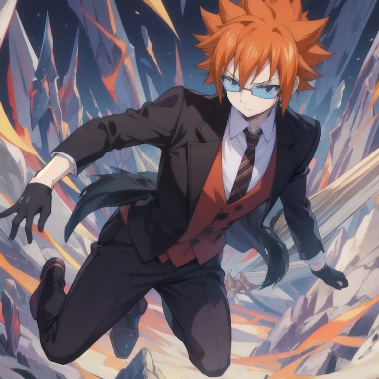 masterpiece, best quality, , 1boy, solo, male focus, looking at viewer, full body, , ligne claire, , loki_fairy_tail, orange hair, black eyes, leather gloves, spiked hair, waistcoat, fairy_tail,