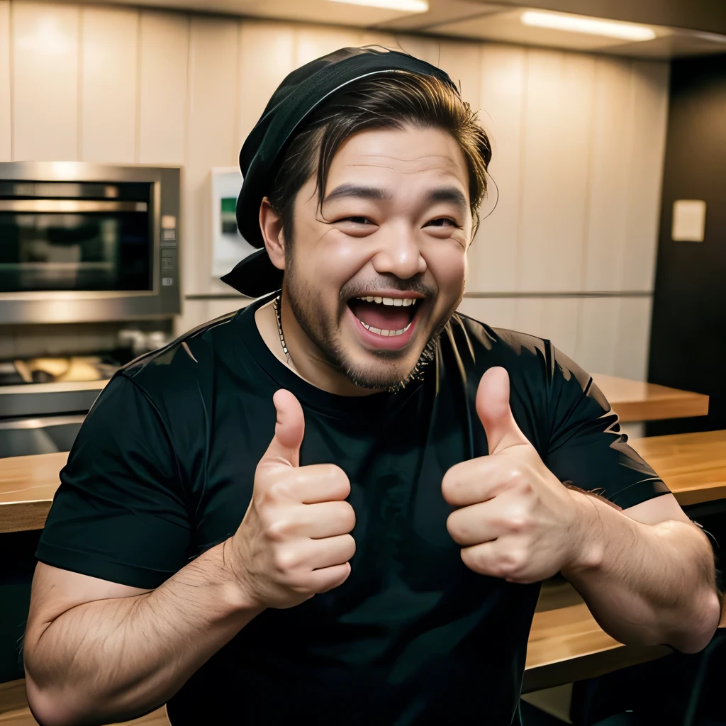 8K, ultra detailed, (realistic:1.2), masterpiece, 40yo, A man wearing a black T-shirt and a white bandana on his head, (laugh:1.6), (thumbs up), (fat, muscular:1.0), Ramen restaurant kitchen, standing