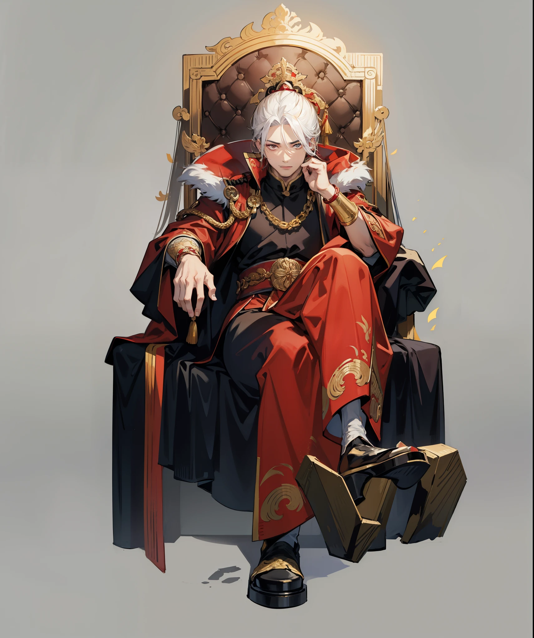 male，Chinese emperor,，Three Kingdoms时期，Golden red robe，Phnom Penh red cape，Golden shoulder blade，Gold bracers，White hair，Three Kingdoms，White background