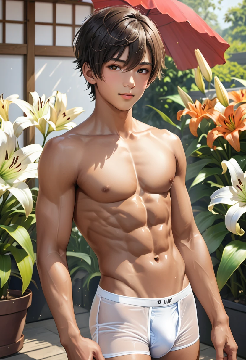 (best quality), realistic, lily, garden, 15 year old Japanese idol boy, (abs), black short hair, tanned dark skin, (detailed brown eyes), (smile:0.8), white tiny thong, bulge,