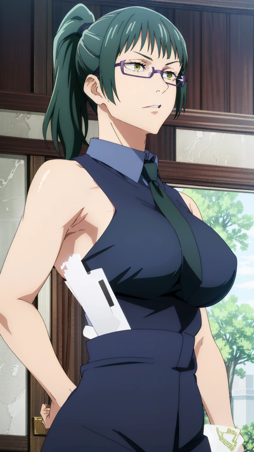 (best quality:1.5, highres, UHD, 4K, detailed eyes, detailed lighting, detailed hair, shaders), dark green hair, ponytail, bangs,cool woman, cool girl, sharp eyes, yellow eyes, beautiful, large breasts, formal suit, sleeveless, necktie, glasses, armpits, detailed armpits