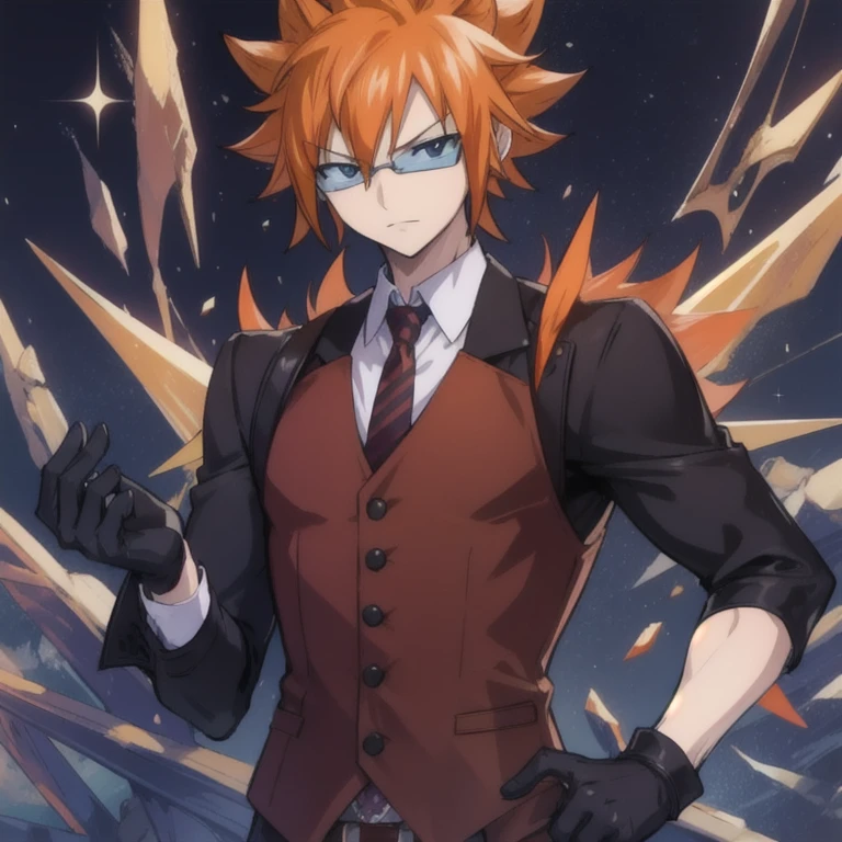 masterpiece, best quality, , 1boy, solo, male focus, looking at viewer, full body, , ligne claire, , loki_fairy_tail, orange hair, black eyes, leather gloves, spiked hair, waistcoat, fairy_tail,