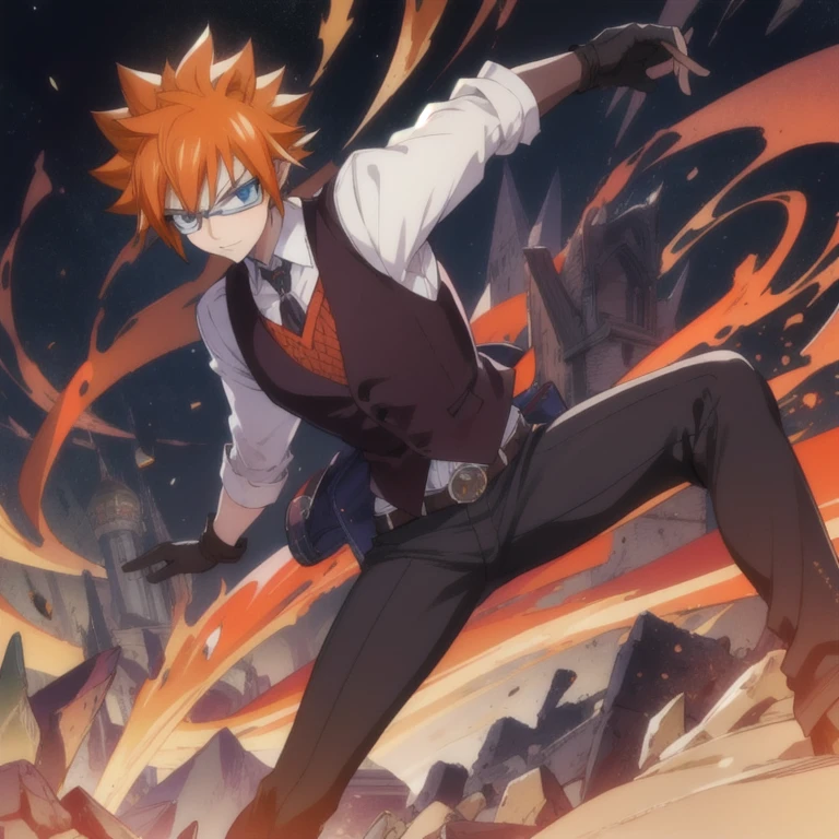 masterpiece, best quality, , 1boy, solo, male focus, looking at viewer, full body, , ligne claire, , loki_fairy_tail, orange hair, black eyes, leather gloves, spiked hair, waistcoat, fairy_tail,