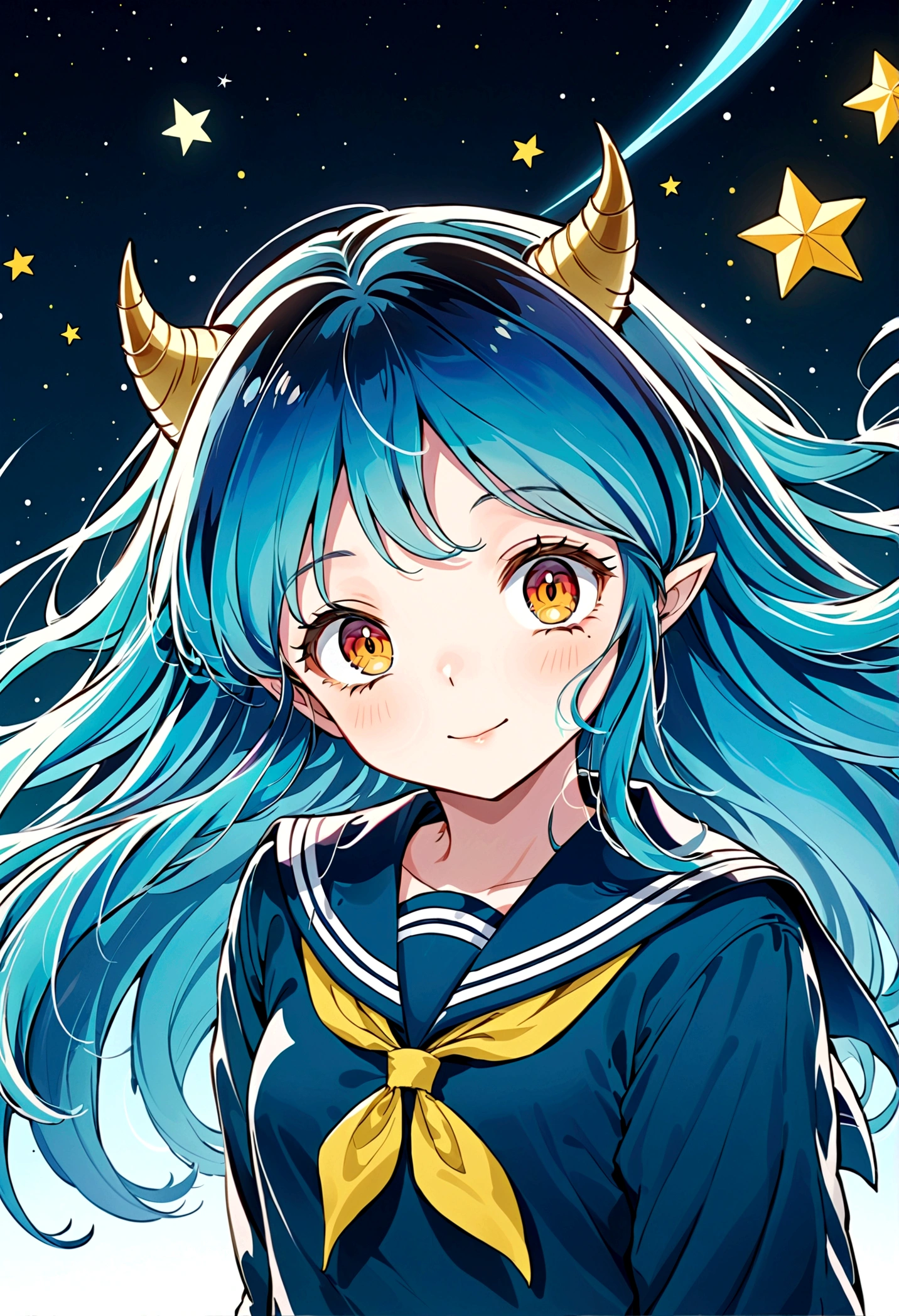 takahashi rumiko style,(1 girl,Lum,long hair,bangs,blue hair,orange eyes,horns,pointy ears,aqua hair,oni horns,(eyeshadow),(shirt,long sleeves,sailor suit,sailor collar,neckerchief,yellow neckerchief,blue shirt,blue sailor collar,blue skirt),the character Lum from "Urusei Yatsura",Do cute girly poses,A sluggish smile,Bright and cheerful atmosphere,Background elements such as space or a starry sky,(masterpiece:1.3),(highest quality:1.4),(ultra detailed:1.5),High resolution,extremely detailed,unity 8k wallpaper,BREAK,(Creates a POP illustration style background,Outer space with the moon and stars floating in it,rich colors,colorful,shooting star,draw with thick lines,Sparkling,unbelievably absurd,zentangle elements,vector art),beautiful light and shadow,(masterpiece:1.3),(highest quality:1.4),(ultra detailed:1.5),High resolution,extremely detailed,unity 8k wallpaper