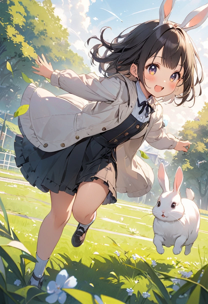 ,A cute girl is chasing a rabbit .