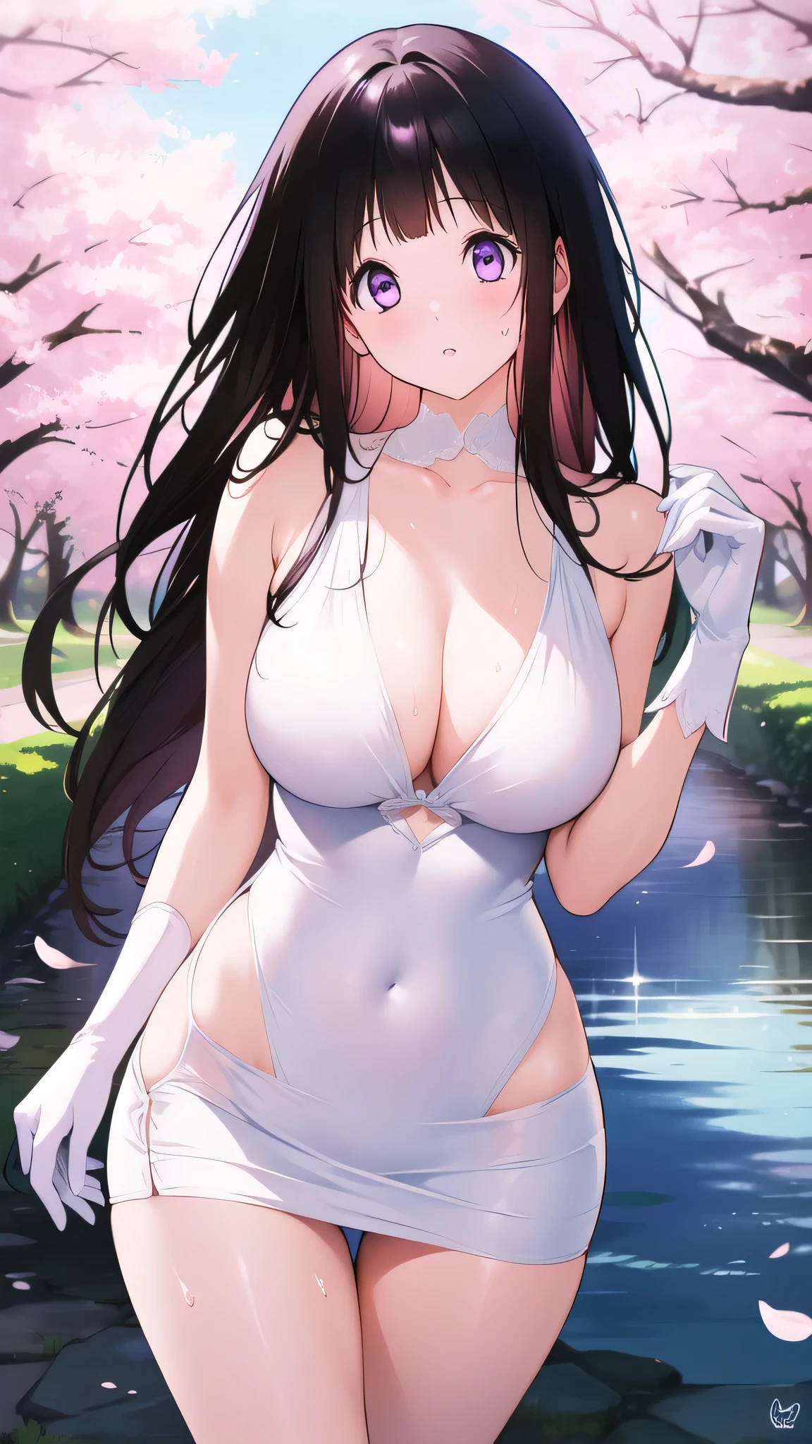 Amazing Chitanda, There is only one beautiful girl,Purple Eyes, Black Hair, Very red face,Very white skin,Glowing skin,Skin as delicate as porcelain,Naturally straight hair, Straight bangs,Extremely refined,Open lips,Long flowing hair,Beautiful Girl, Like a dream,Slim,Slim waist,Soft, (Sensual), (Kawaii), Dream quality,Beautiful big breasts,Areola,Completely naked,White gloves,Flower decoration,Deep V neckline,Loose neckline,Wide neckline,River walk,Place your hands on your inner thighs,Sweaty and sweaty,Next to the cherry blossom trees,Back to,Lean over,Hips,Side body,Gluteal groove,Bare back,Completely naked back,Light transmission,no pants,pussy juice,Bare shoulders,Bare neck,Exposed collarbone,Exposing breasts,Exposing breasts side,Show your waist,Show your buttocks,Show your thighs,Exposing the groin,No pants,extremely shy,Ultra-high resolution, (masterpiece:1.2, best quality), (Delicate and beautiful eyes: 1.2), (Beautiful and delicate face)