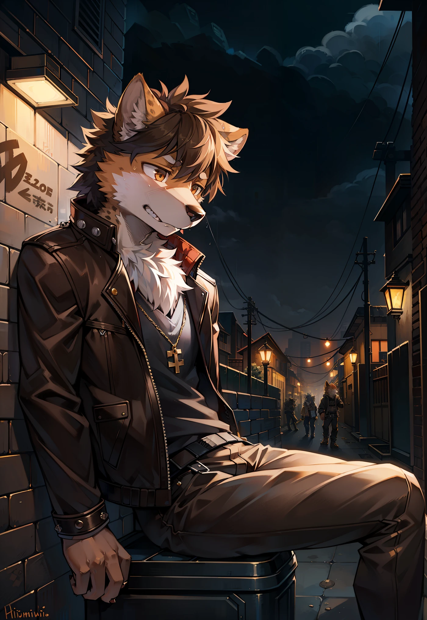 upload on e621,(Masterpieces), furry, male,  (solo), detailed eyes,  kemono, by hioshiru and kenket  and ((dimwitdog)), Michael & Inessa Garmash, (Pino Daeni, yupa, greg rutkowski), ((detailed fluffy fur)), detailed realistic painting, cinematic, detailed background, perfect shade, dynamic angle,
( spotted hyena male), small round hyena ears, (dark brown ears), (dark brown mouth and dark brown nose:1.4), (dark brown muzzle:1.3), (dark brown hands), in dark night modern city,  (gangster:1.2),bad guy,  (sanpaku),  (sleepy eyes:1.2),(disdainful eyes:1.4),  (looking away ), close shot, close up  ,(cullion face:1.2), (in dark narrow alley), tall and slim body, sitting on a hugh trash bin,  (cross legs), messy rough road, (dark raining night), wet body, cool tone, lightless, (colorful fashion punk clothes:1.3),graffiti, flash mobs,tokyo tribe