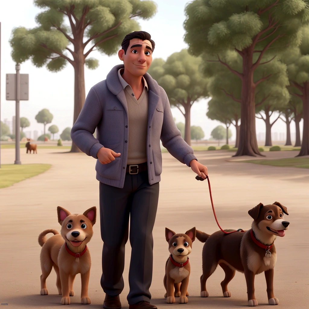 there is a man walking two dogs on a leash in the park, com cachorros, detalhe poderoso, with stray dogs, powder Nándor Katona, homem mais velho, andando no parque, por David Rubin, by Felipe Seade, Carlos Huante, imagem de perfil, by Fernando Gerassi, por Luis Miranda, Gary Montalbano