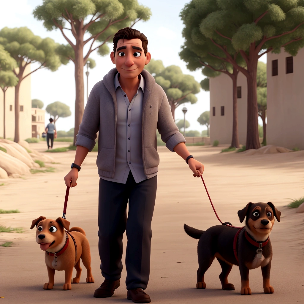there is a man walking two dogs on a leash in the park, com cachorros, detalhe poderoso, with stray dogs, powder Nándor Katona, homem mais velho, andando no parque, por David Rubin, by Felipe Seade, Carlos Huante, imagem de perfil, by Fernando Gerassi, por Luis Miranda, Gary Montalbano