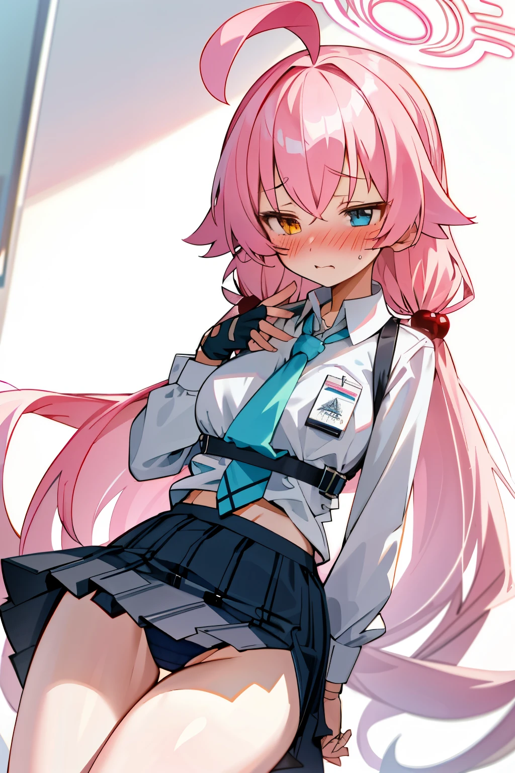 Hoshino (Blue archive), a girl with long uniform hair, pink hair, embarrassed face, blushing, bra visible, classroom, best quality, High quality, big breast, Big ass, big hips, Good thighs