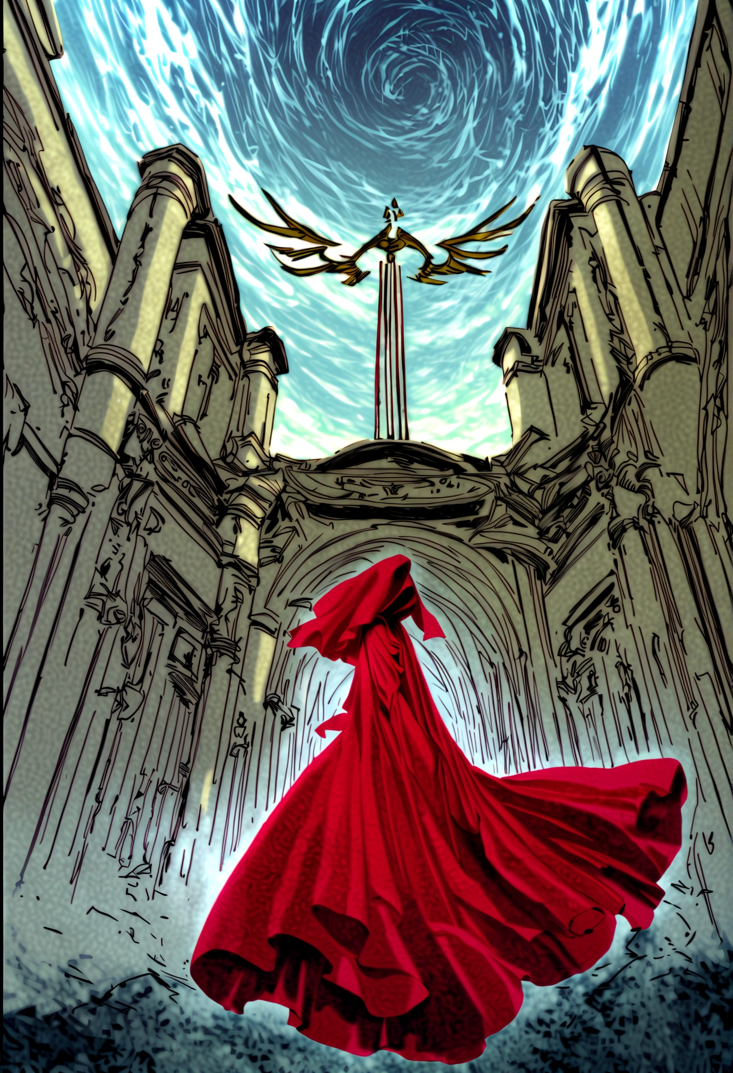 Beautiful girl in red robe, Chinese underground temple, Complex and detailed architecture, floating in the air, weird lights, Spacious and gloomy atmosphere, (best quality,4k,8K,High resolution,masterpiece:1.2),Extremely detailed,(Practical,photoPractical,photo-Practical:1.37),Complex buildings, Gorgeous details, Dramatic Lighting, moody atmosphere, Stunning beauty, flowing red robe, Mysterious ruins, unforgettable existence